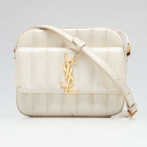 Yves Saint Laurent Crema Quilted Patent Leather Vicky Crossbody Camera Bag - Picture 1 of 11